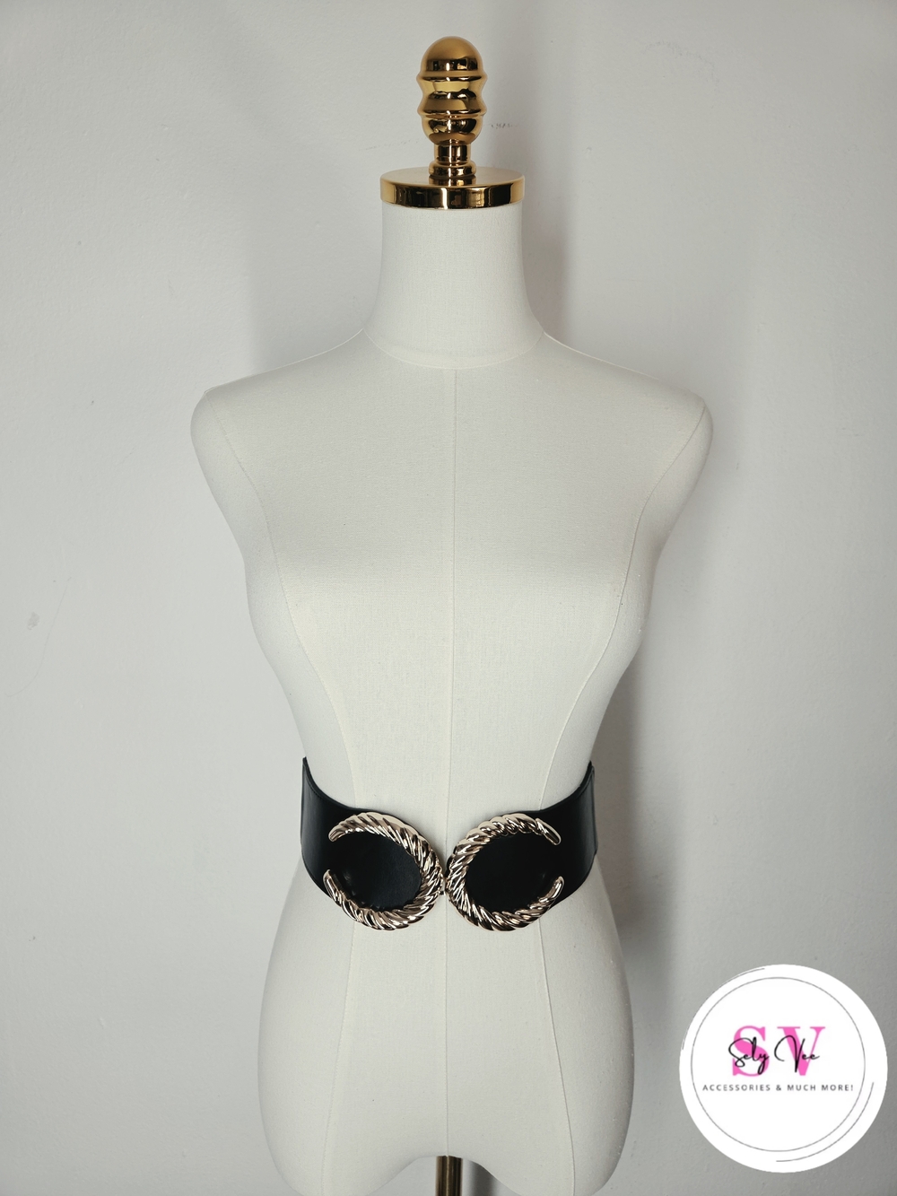 Stretchy Black Wide Waist Belt with Gold Rope Buckle